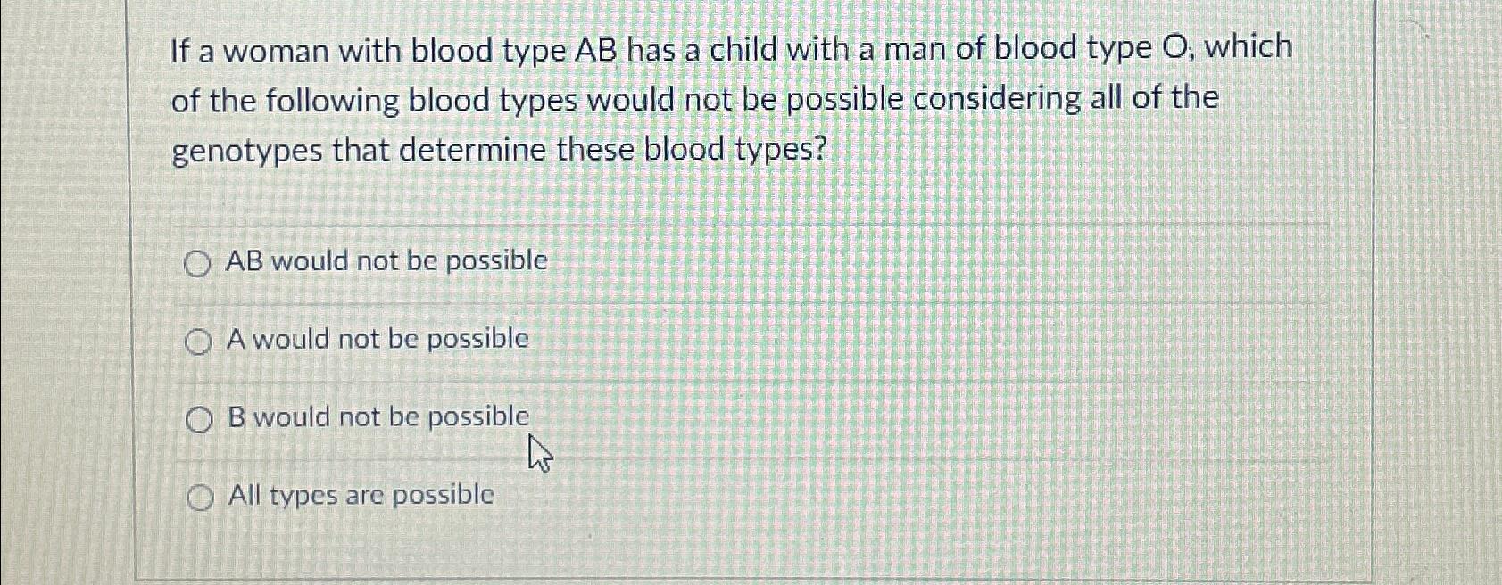 Solved If a woman with blood type AB ﻿has a child with a man | Chegg.com