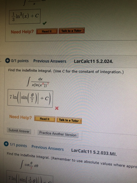 Solved In(a)+C Talk to a Tutor Read It Need Help? LarCalc11 | Chegg.com