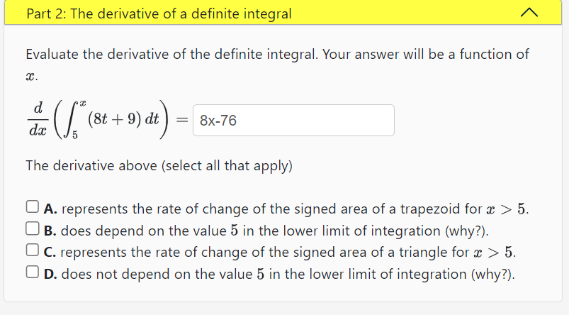 Solved Part 2: The derivative of a definite integralEvaluate | Chegg.com