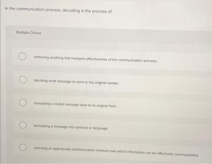 Solved In the communication process, decoding is the process | Chegg.com