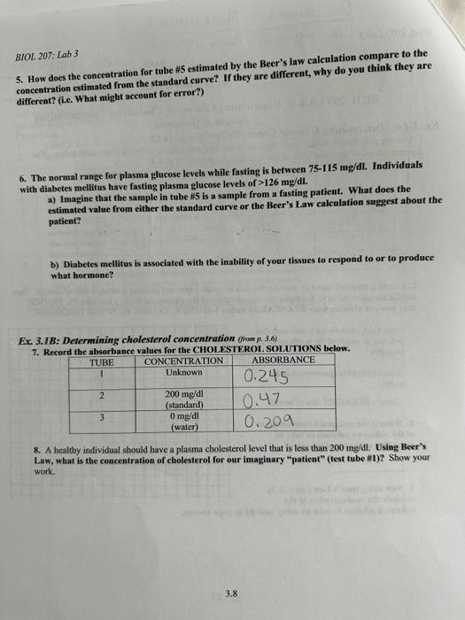 Solved BIOL 207 LAB 3 Determining Glucose \& Cholesterol