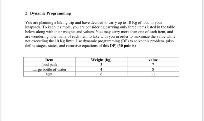 Solved 2. Dynamic Programming You are planning a hiking trip | Chegg.com