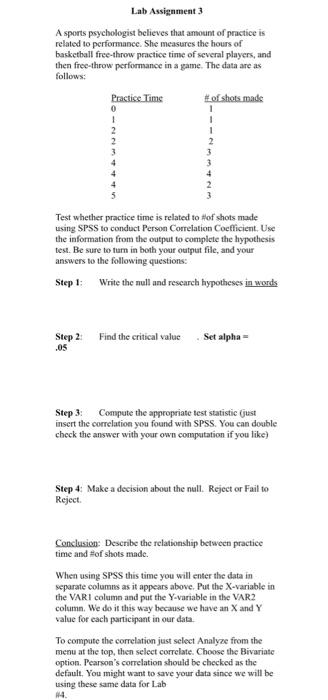 Solved Lab Assignment 3 A sports psychologist believes that | Chegg.com