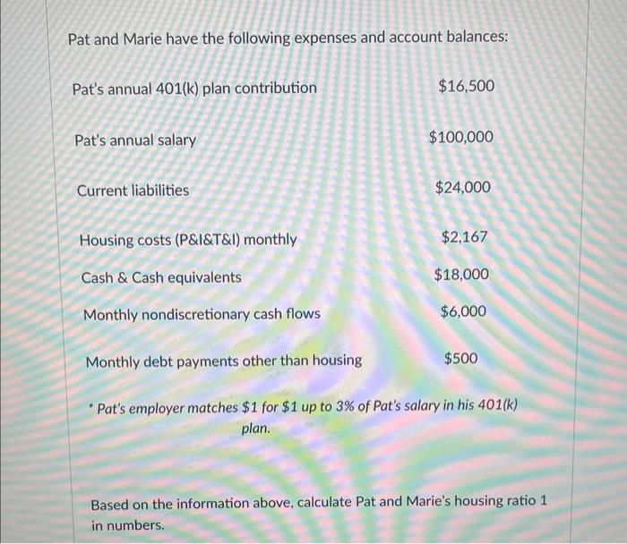 Based on the information above, calculate Pat and Maries housing ratio 1 in numbers.