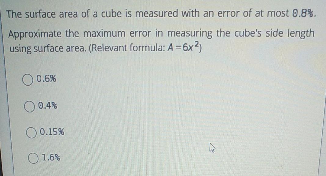 Solved The surface area of a cube is measured with an error | Chegg.com