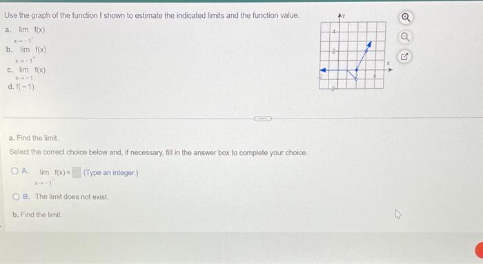 Use the graph of the function \( f \) shown to estimate the indicated limits and the function value.
a. \( \lim f(x) \)
b. \(