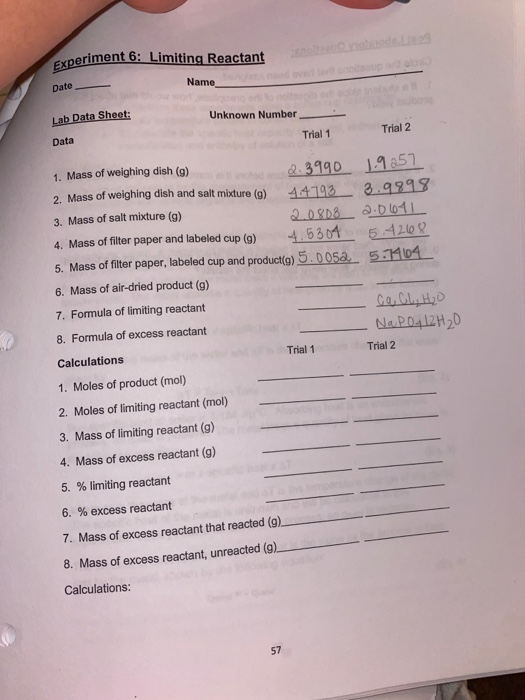 Experiment 6: Limiting Reactant Date Name Lab Data | Chegg.com