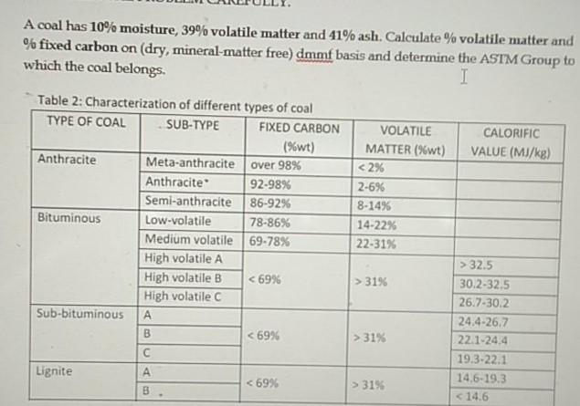 A coal has 10% moisture, 39% volatile matter and 41% | Chegg.com