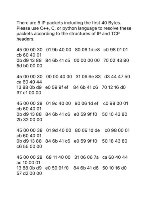 Solved There are 5 IP packets including the first 40 Bytes. | Chegg.com