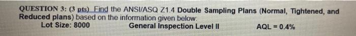 Solved QUESTION 3: (3 pts) Find the ANSI/ASQ Z1.4 Double | Chegg.com