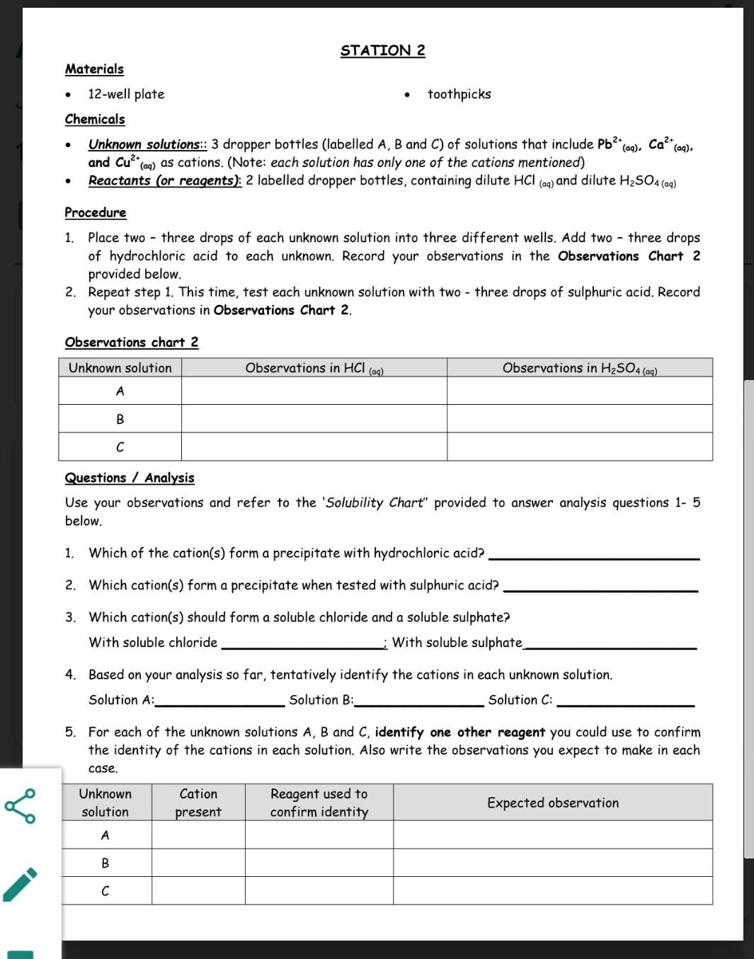 Solved need observation chart 2 and all questions answers | Chegg.com