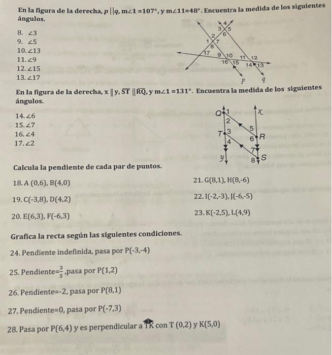 En la figura de la derecha, \( p \| q, \mathrm{~m} \angle 1=107^{\circ}, y \mathrm{~m} \angle 11=48^{\circ} \). Encuentra la