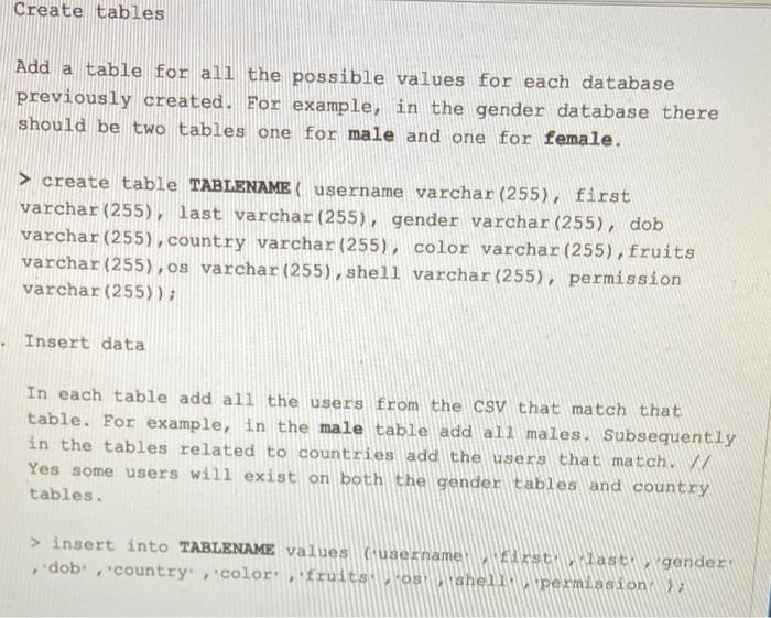 Solved Create tables Add a table for all the possible values | Chegg.com