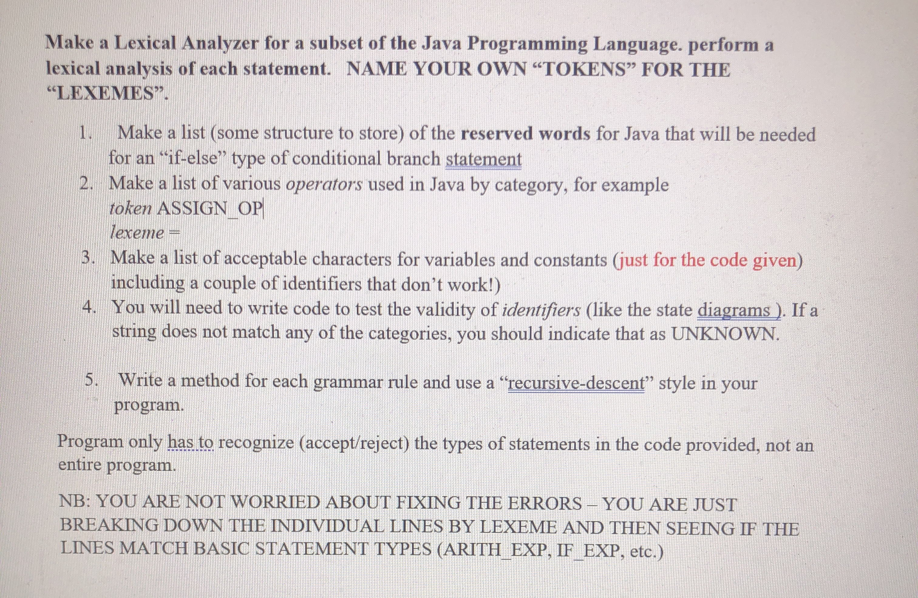 Solved 4.2 ﻿Lexical Analysis ﻿Given code for assignmentThe | Chegg.com
