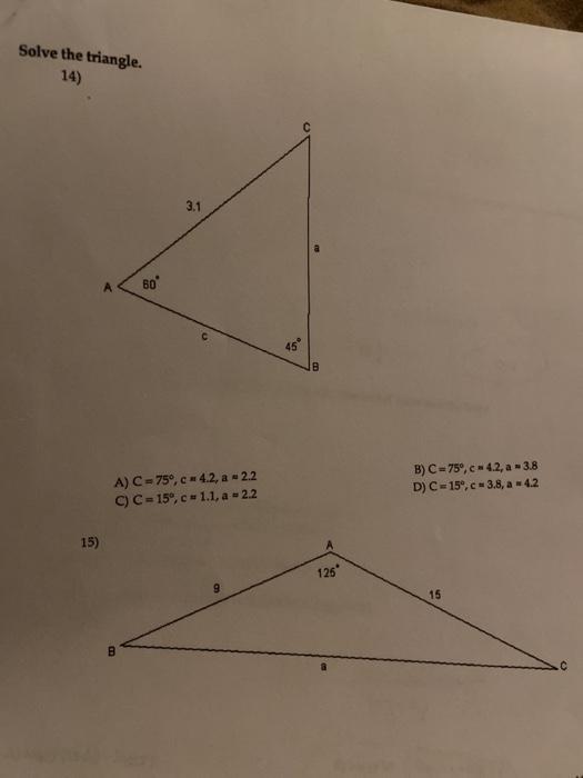 Solved Solve The Triangle 14 3 1 Vo 45 B A C 75 C Chegg Com