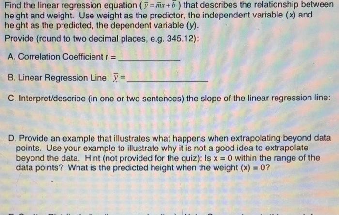 Solved Find the linear regression equation (yˉ=mˉx+b) that | Chegg.com