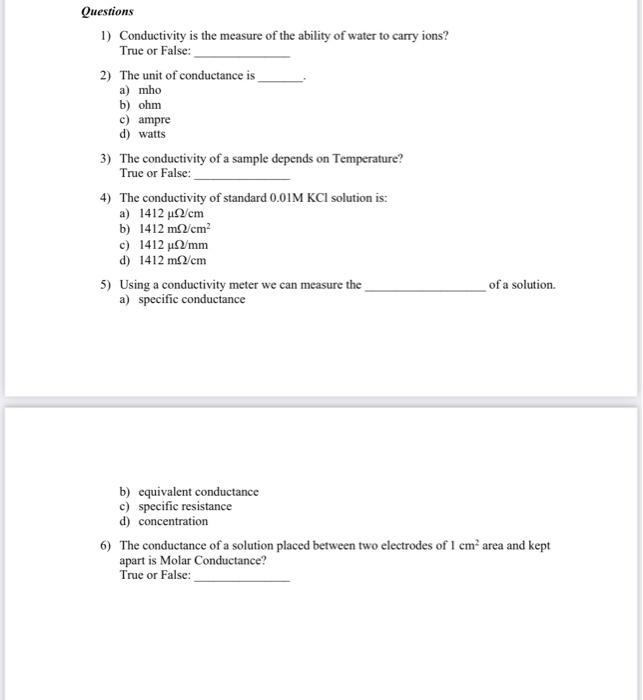Solved Questions 1) Conductivity is the measure of the | Chegg.com
