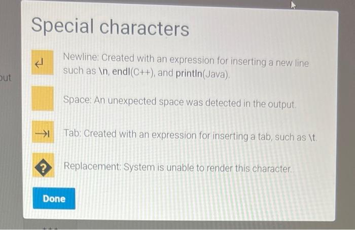 Special characters
Newline: Created with an expression for inserting a new line such as \( \backslash \) n, endl( \( (\mathrm