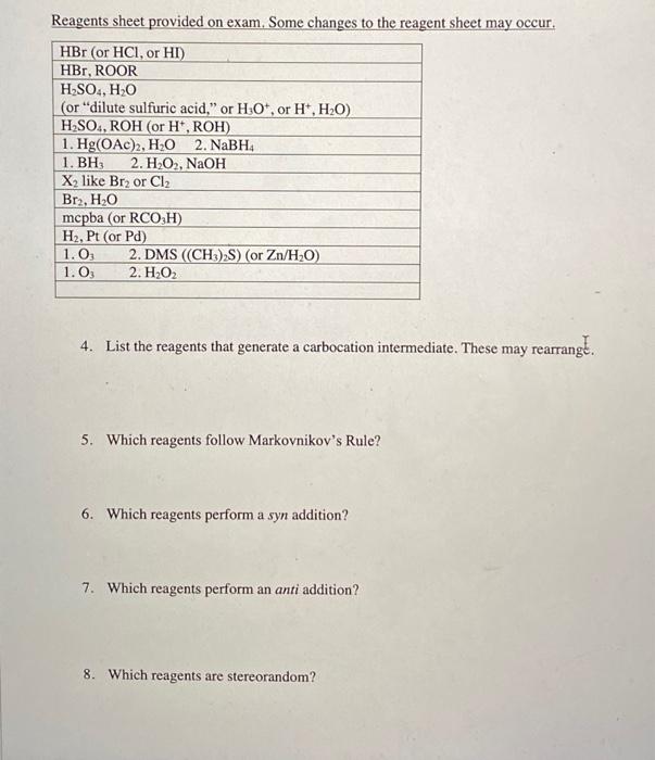 Solved Reagents sheet provided on exam. Some changes to the | Chegg.com