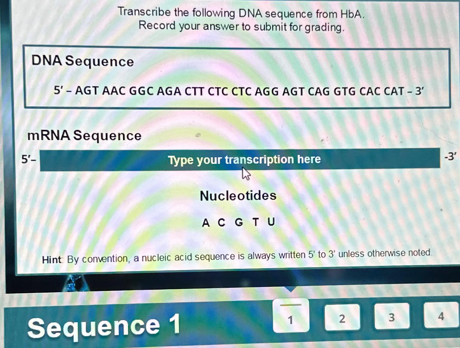 Solved Transcribe the following DNA sequence from HbA.Record | Chegg.com