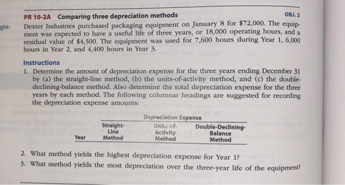Solved OBJ. 2 ght- PR 10-2A Comparing three depreciation | Chegg.com