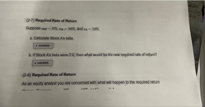 Solved (2-7) Required Rate of Return Suppose rIF=5%,rM=10%, | Chegg.com
