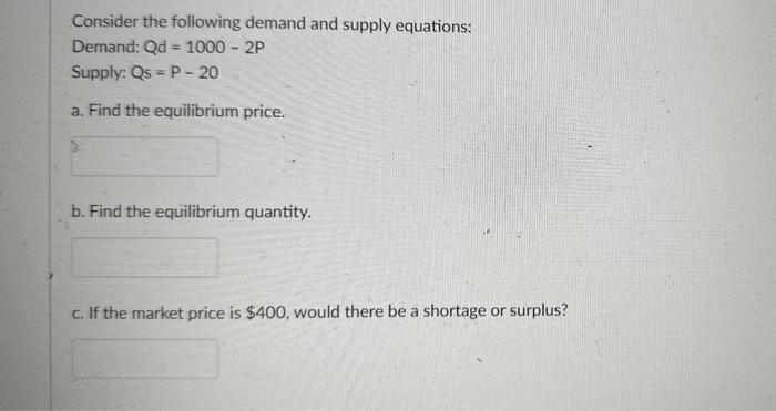Solved Consider the following demand and supply equations: | Chegg.com