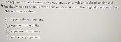 Solved The argument that allowing active euthanasia or | Chegg.com