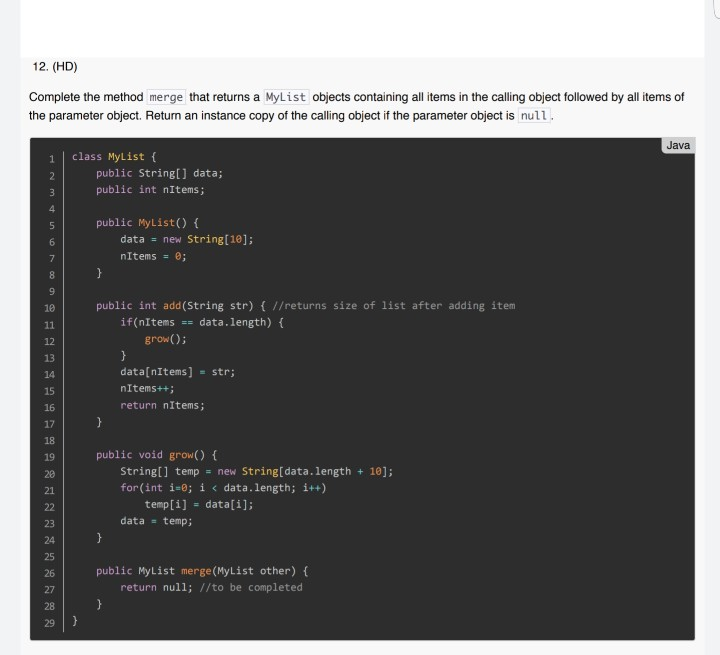 Solved 12. (HD) Complete the method merge that returns a | Chegg.com