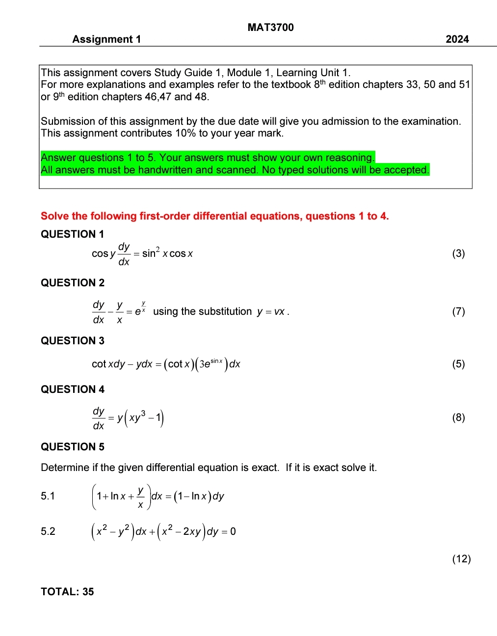 Solved Mat3700assignment 12024this Assignment Covers Study Chegg
