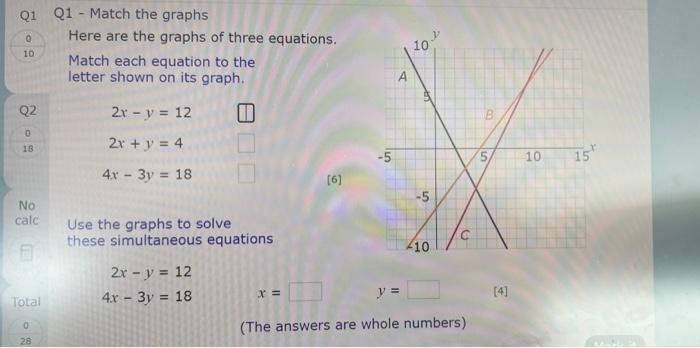 Q1 - Match the graphs
Here are the graphs of three equations.
Match each equation to the
letter shown on its graph.
\[
\begin