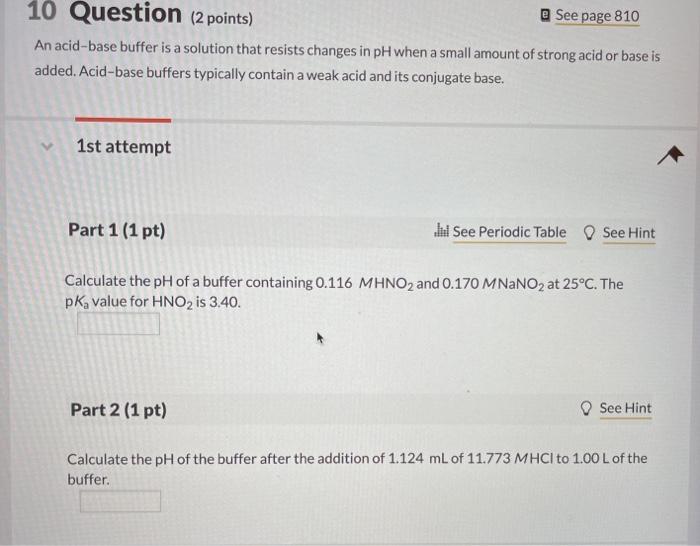 Solved 10 Question (2 points) @ See page 810 An acid-base | Chegg.com