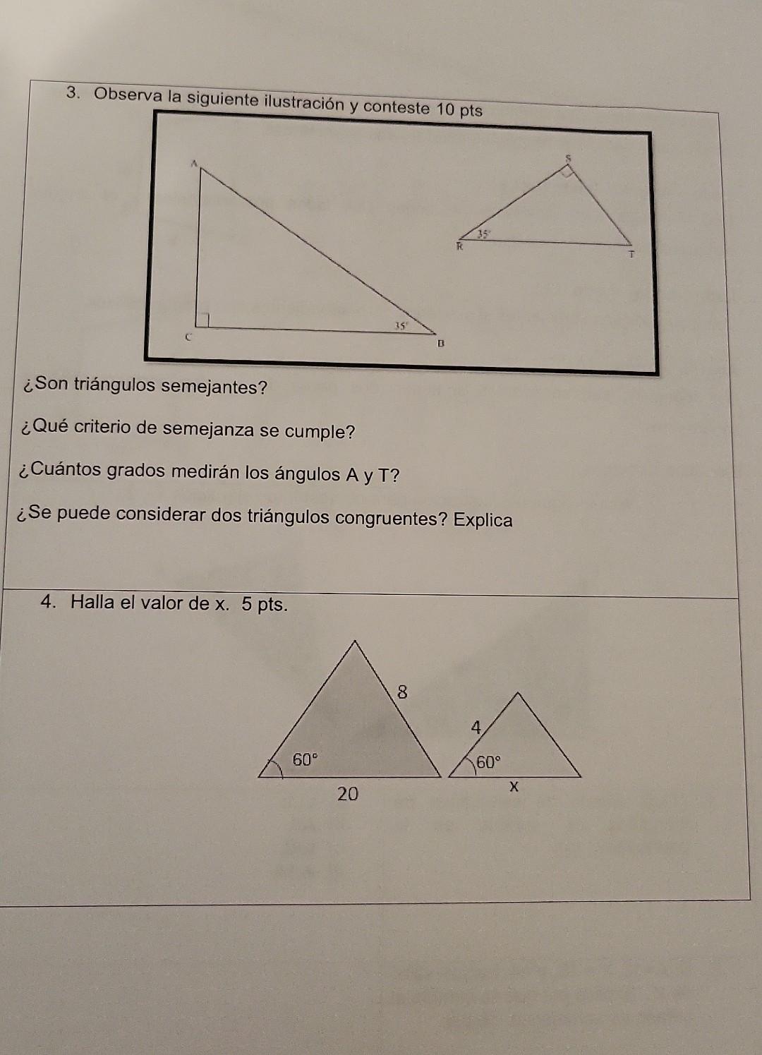 ¿Qué criterio de semejanza se cumple? ¿Cuántos grados medirán los ángulos A y T? ¿Se puede considerar dos triángulos congruen