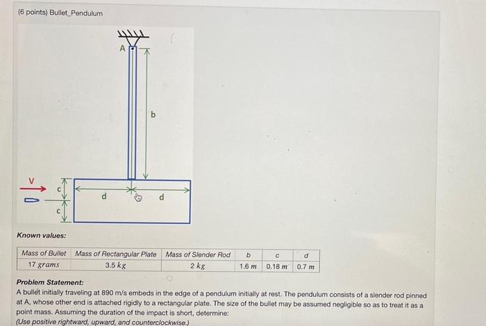 Solved (6 points) Bullet Pendulum A d d Known values: Mass | Chegg.com