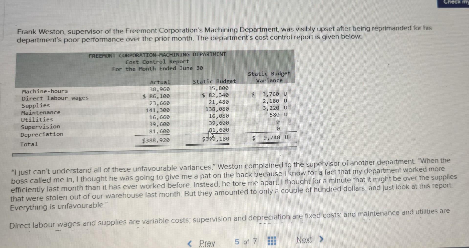 Frank Weston, supervisor of the Freemont | Chegg.com