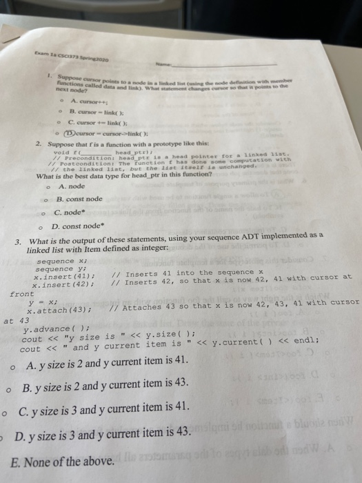 Solved am la CSC Sing 1. Suppose cursor points to funct next | Chegg.com