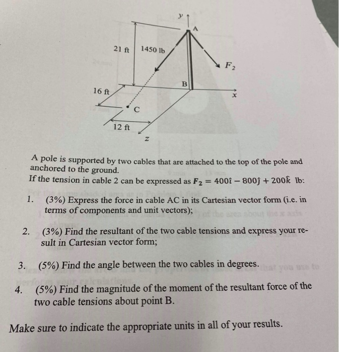 Solved 21 ft 1450 lb 16 ft 12 ft A pole is supported by two | Chegg.com