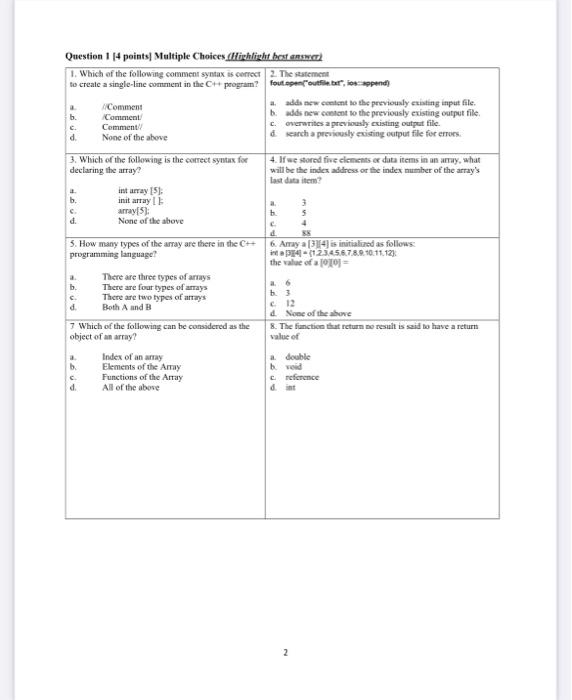 Solved Question 1 14 points] Multiple Choices (Highlight | Chegg.com