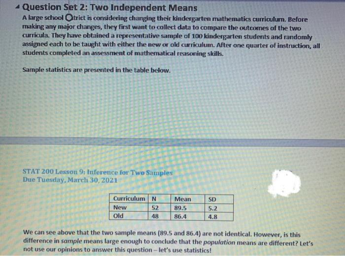 Question Set 2: Two Independent Means A large school | Chegg.com