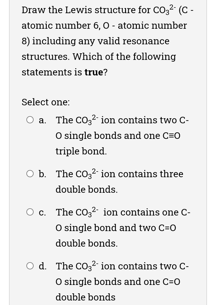 Solved Draw the Lewis structure for CO32 (C atomic number