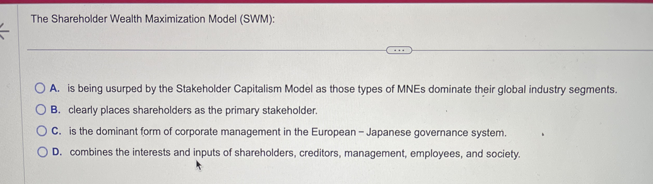 Solved The Shareholder Wealth Maximization Model (SWM):A. | Chegg.com