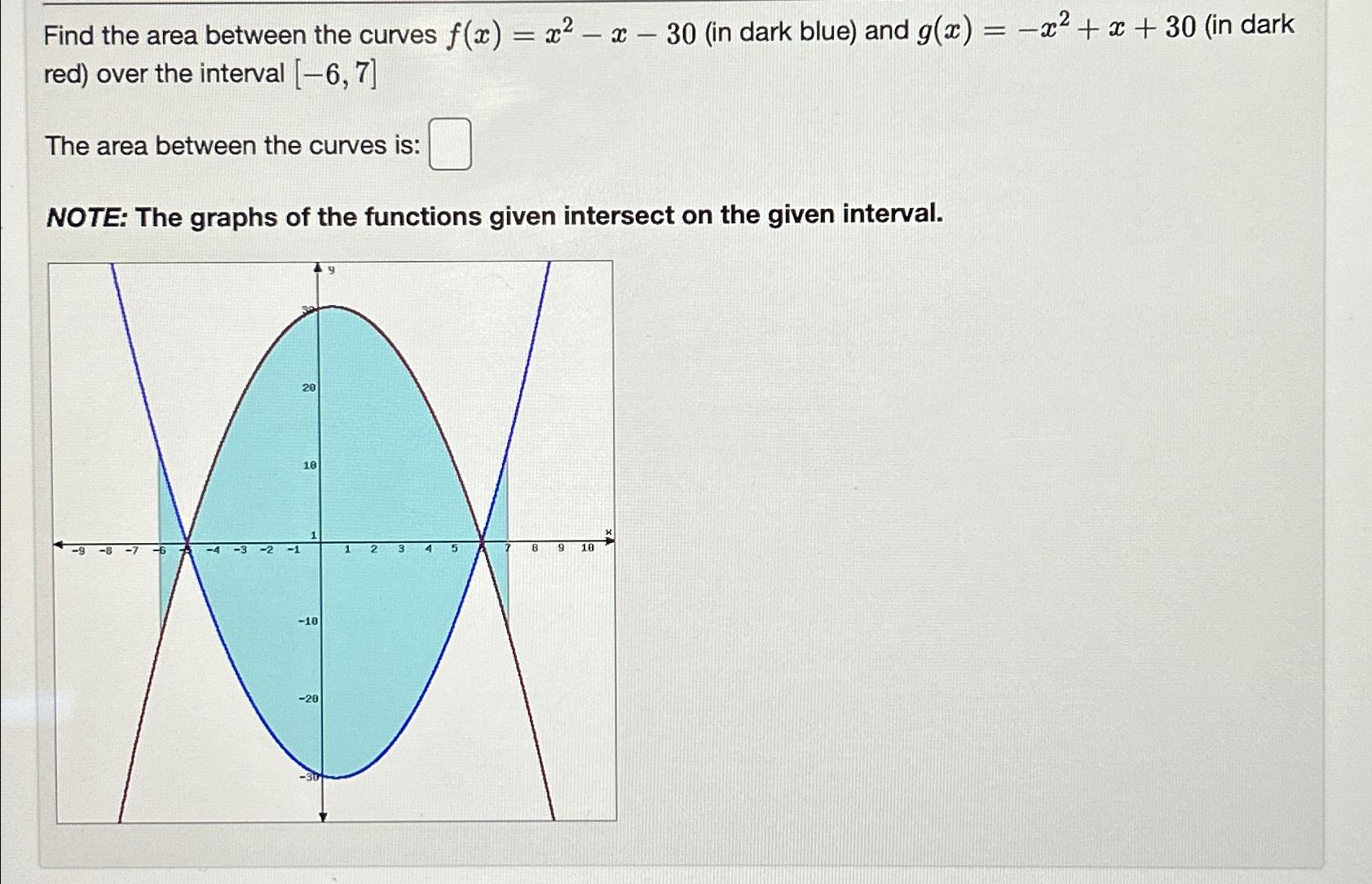 Solved Find the area between the curves f(x)=x2-x-30 (in | Chegg.com