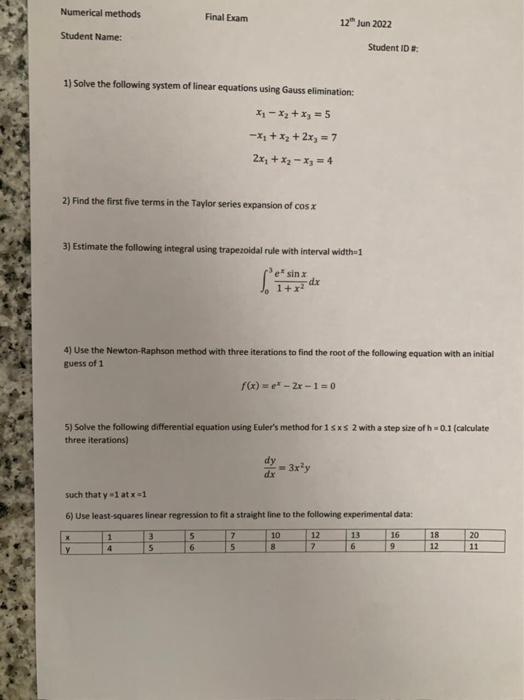 Solved Numerical methods Final Exam Student Name: 1) Solve | Chegg.com