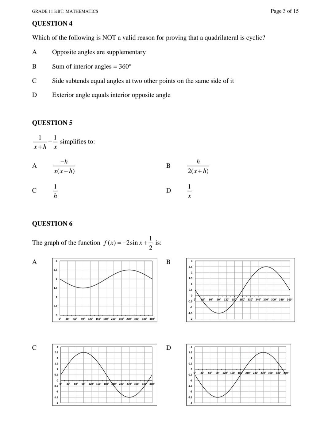 Solved GRADE 11 IeBT: MATHEMATICS Page QUESTION 4 Which of | Chegg.com