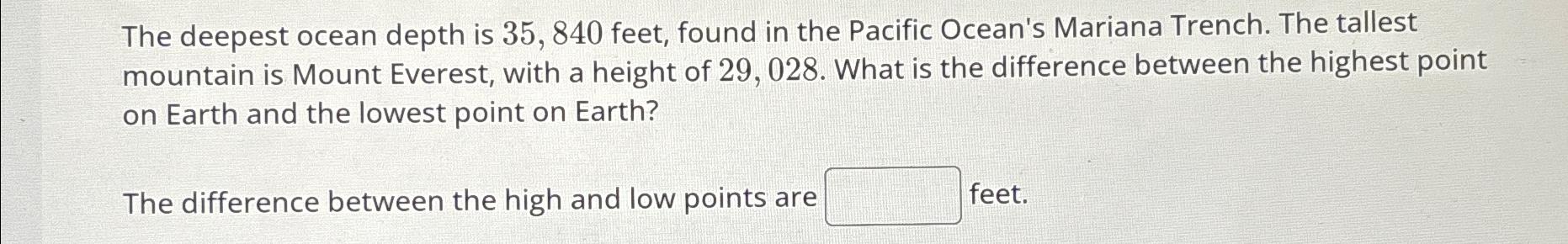 Solved The deepest ocean depth is 35,840 ﻿feet, found in the | Chegg.com