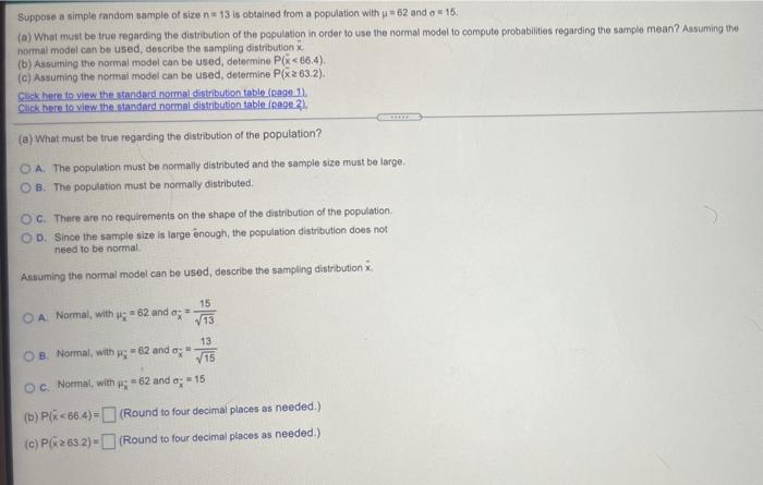 Solved Suppose a simple random sample of size 13 is obtained | Chegg.com