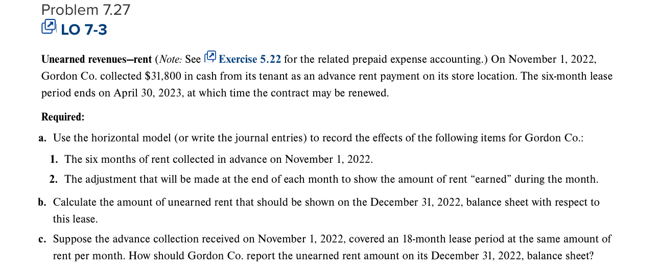 Solved Problem 7.27【LO 7-3Unearned revenues-rent (Note: See | Chegg.com
