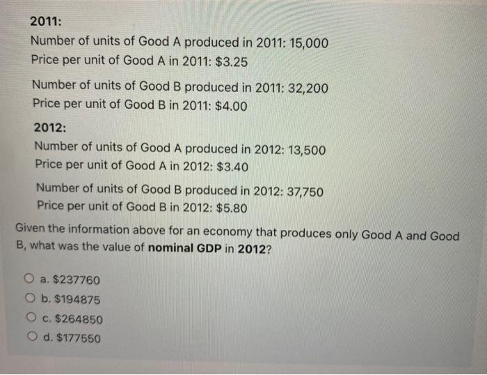Solved 2011: Number of units of Good A produced in 2011: | Chegg.com