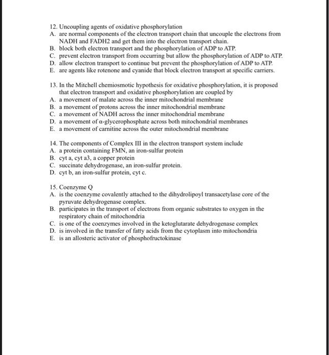 Solved 12. Uncoupling agents of oxidative phosphorylation A.