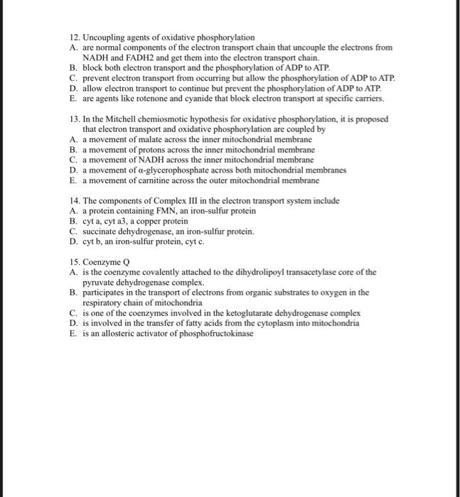 Solved 12. Uncoupling agents of oxidative phosphorylation A. | Chegg.com